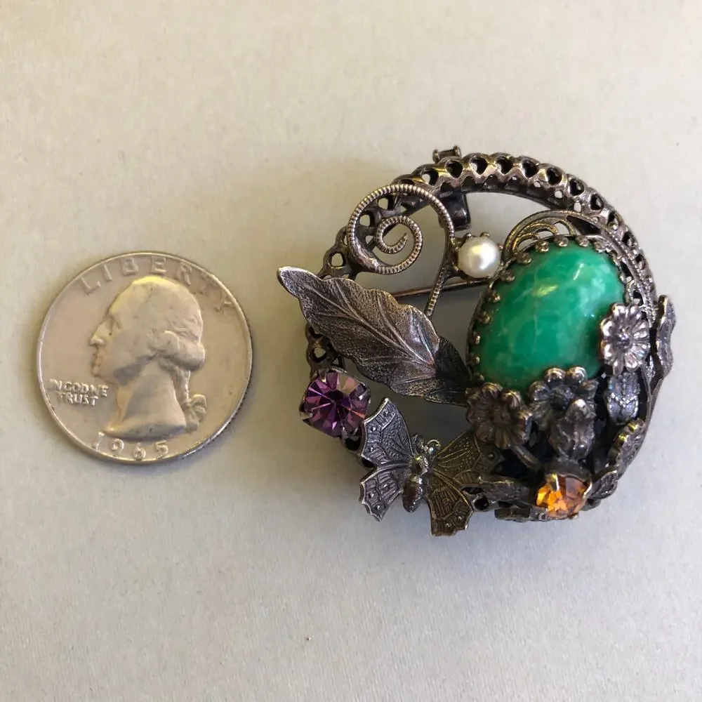 Vintage Glass Stone Brooch Silver Tone Green Flower Leaf Pin Pendant Retro
